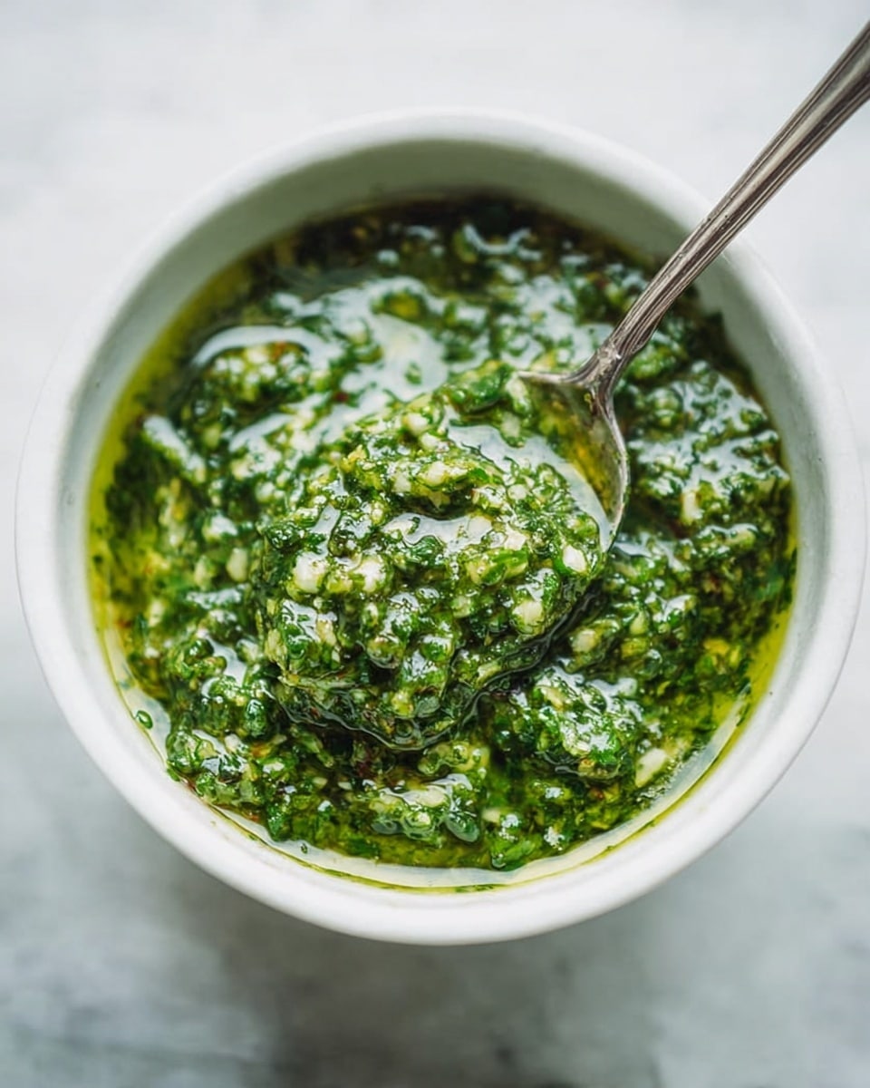 The image shows two dishes on a white marbled surface. On the left, there is a small white bowl filled with a green sauce that has visible bits of herbs and garlic, with a small silver spoon inside. On the right, there is a white dish containing orange slices of baked sweet potatoes arranged in a neat row, topped with a green herb sauce and small sprinkled herbs. Part of a leafy green garnish is also visible near the bowl. Photo taken with an iphone --ar 4:5 --v 7