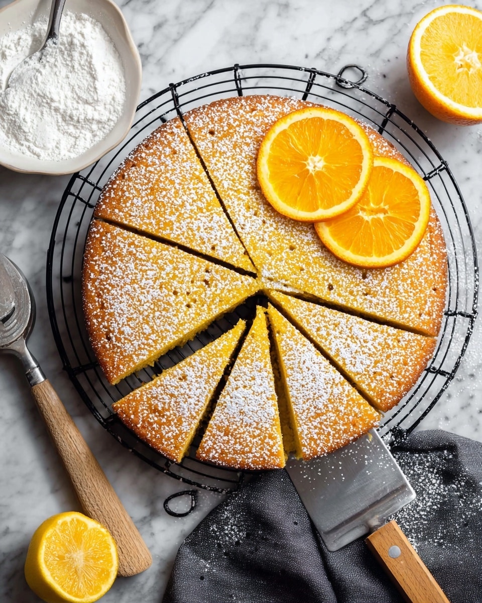 A single slice of yellow cake with a soft, crumbly texture sits on a white plate. The top layer of the cake is dusted with a light layer of powdered sugar, giving it a slightly snowy look. The slice is decorated with a small curled orange peel on top. Underneath the cake, there are thin slices of lemon and orange arranged flat on the plate, showing their juicy and shiny surfaces. A silver fork is placed behind the cake on the plate. The setting is on a smooth white marbled surface. photo taken with an iphone --ar 4:5 --v 7