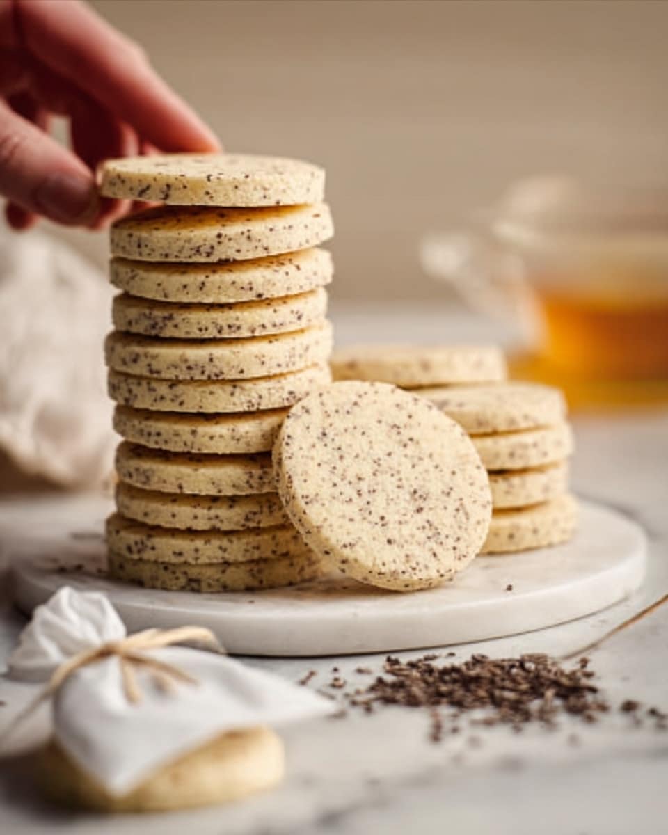 The image shows two tall stacks of round cookies on a white plate placed on a white marbled surface. Each cookie is light beige with dark specks, showing a slightly rough texture on top. One cookie is resting flat on the plate next to the stacks. In the foreground on the surface, there is a tied white cloth tea bag, slightly blurred, and a woman's hand is gently holding the top cookie of the nearest stack. The background is softly lit with warm, out-of-focus items adding depth. Photo taken with an iphone --ar 4:5 --v 7