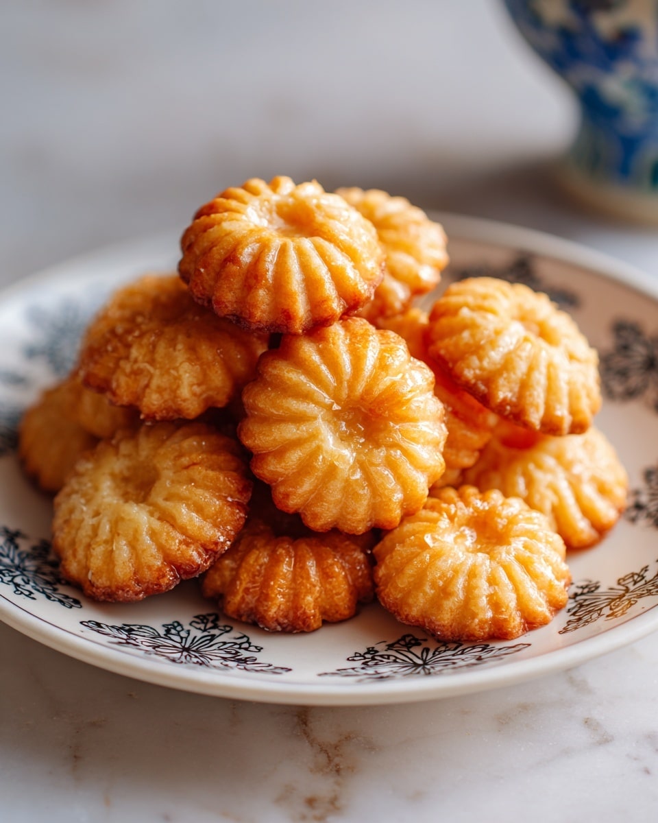 A white plate with a black floral pattern holds a pile of round, golden-brown sweets, each with a ridged, sunburst design radiating from the center, giving them a shiny, sticky texture. The sweets are stacked in layers with slight variation in height, creating a small mound in the middle of the plate. The plate sits on a white marbled texture surface with a hint of a blue and white ceramic item blurred in the background. photo taken with an iphone --ar 4:5 --v 7