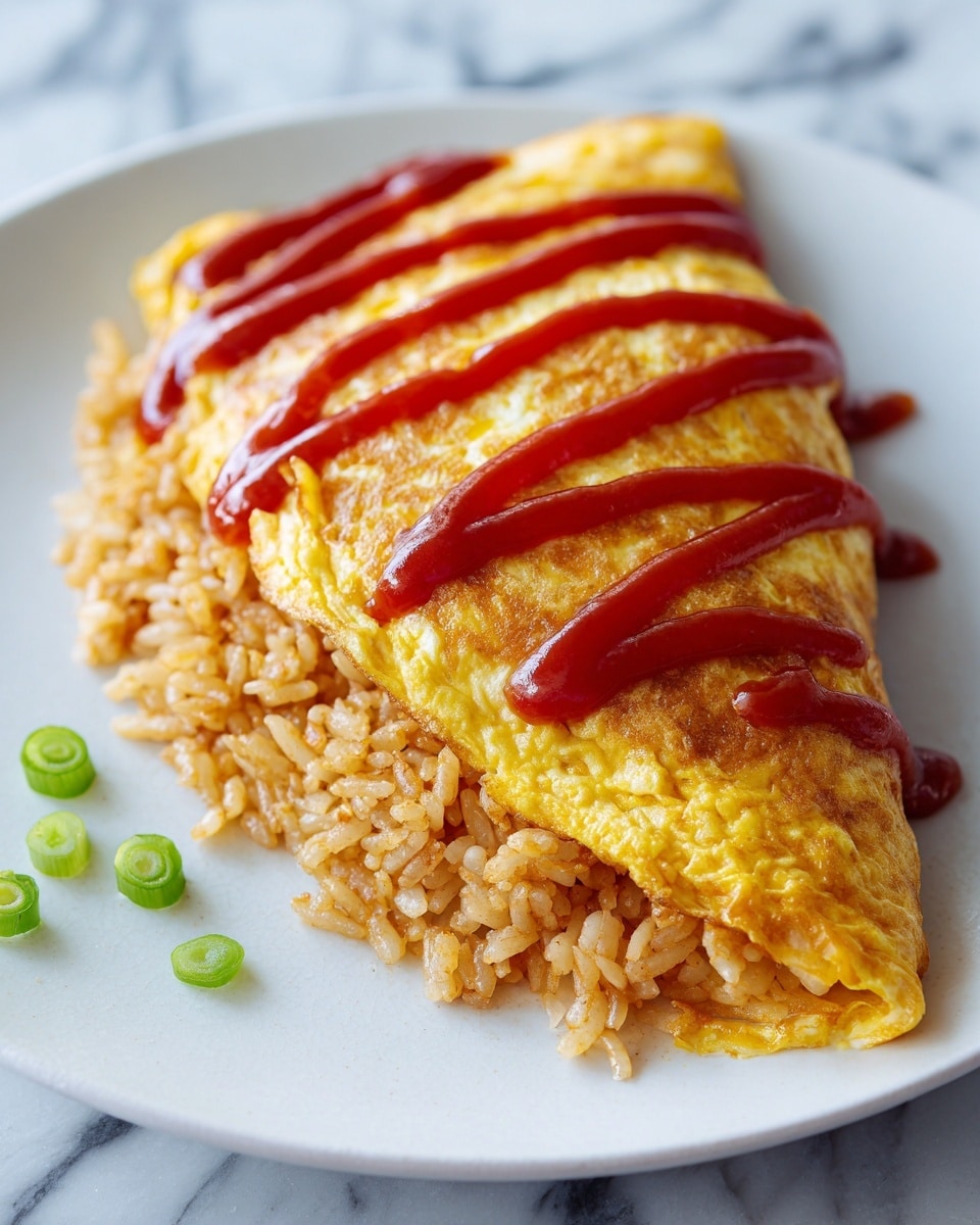 A white plate holds a dome-shaped omelette with a smooth, bright yellow surface, slightly cracked on one side to reveal a filling of brown fried rice mixed with diced orange carrots, yellow corn kernels, and green peas. The top of the omelette is decorated with three thick, wavy lines of deep red ketchup and sprinkled with finely chopped green herbs. The plate is set on a white marbled surface with soft natural light highlighting the texture of the rice and the soft egg layer. photo taken with an iphone --ar 4:5 --v 7