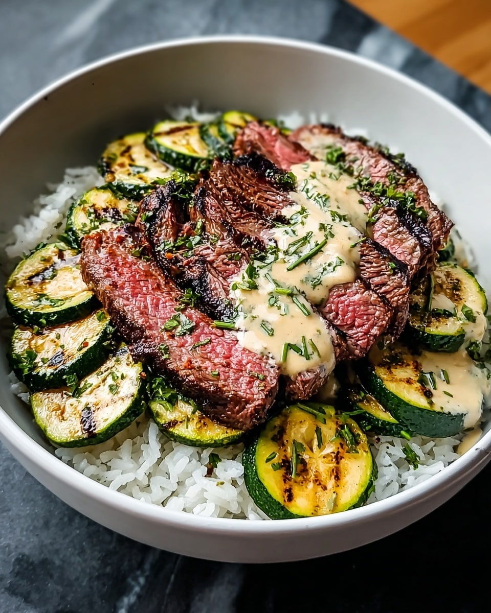 Grilled Steak Bowl with Herb Sauce and Grilled Zucchini Recipe - Recipe Image