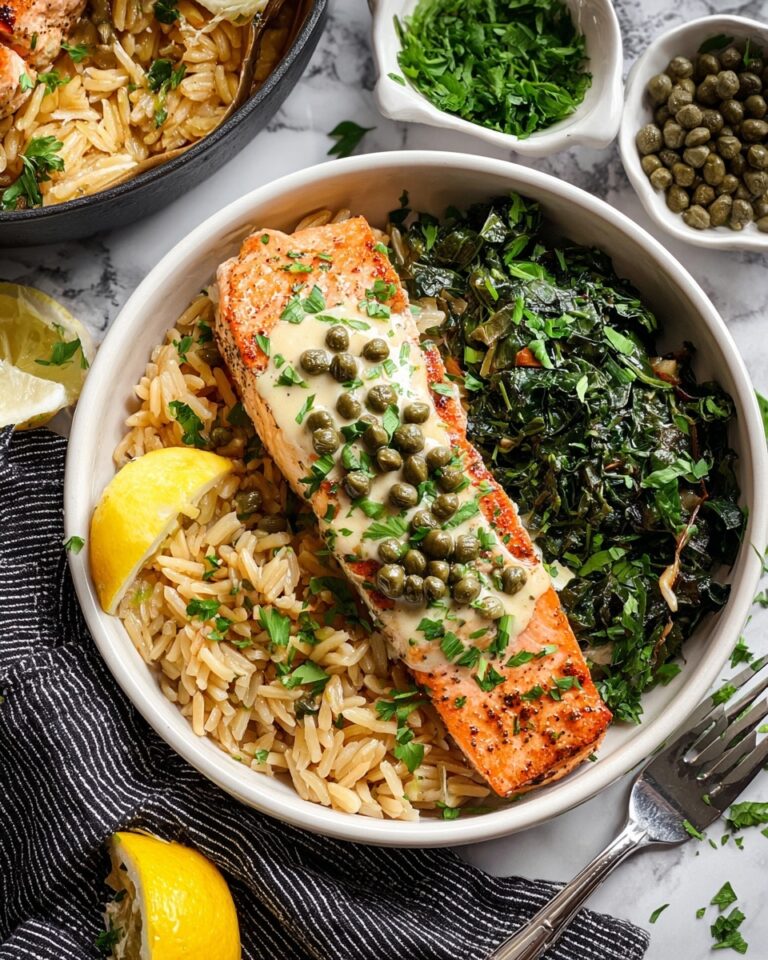 25-Minute Salmon Piccata with Lemon and Capers over Orzo and Greens Recipe