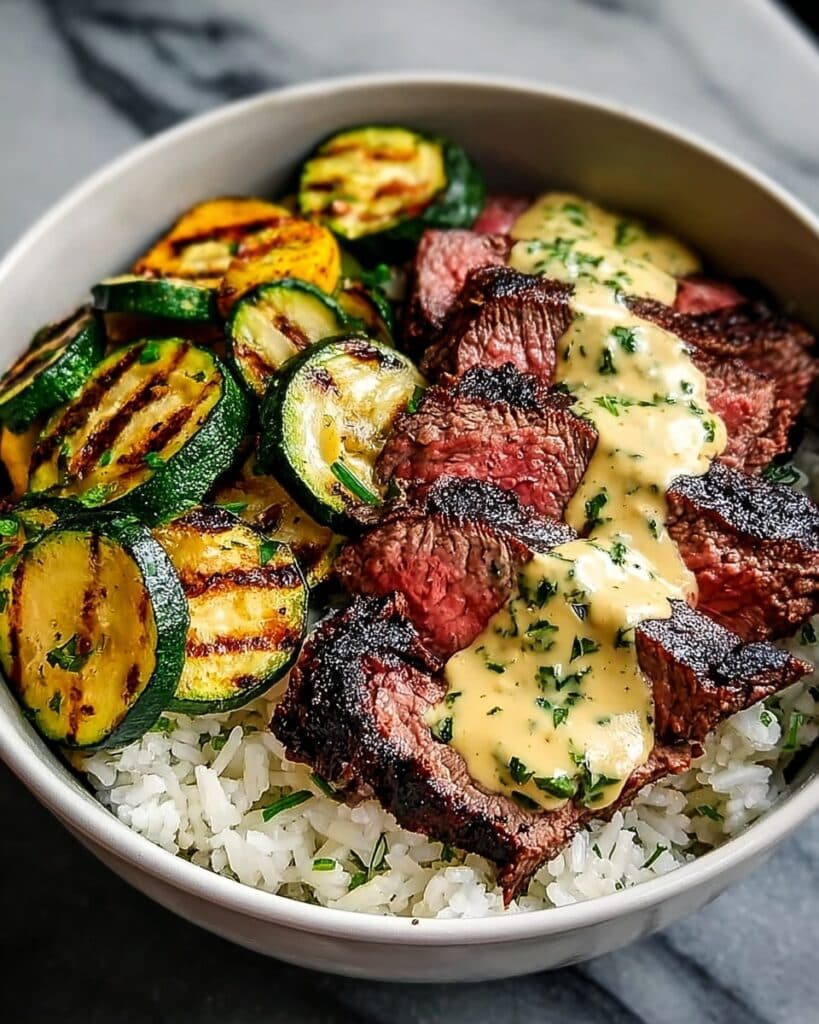 Grilled Steak Bowl with Herb Sauce and Grilled Zucchini Recipe